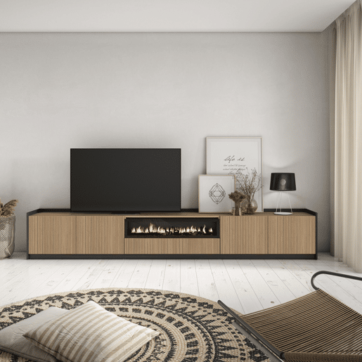 Móvel de TV, Muito espaço de arrumação, 310x37x50cm, Para televisores até 80, Lareira eléctrica, Estilo moderno, Carvalho e preto Móvel de TV, Muito espaço de arrumação, 310x37x50cm, Para televisores até 80, Lareira eléctrica, Estilo moderno, Carvalho e preto