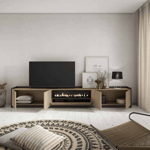 Móvel de TV, Muito espaço de arrumação, 310x37x50cm, Para televisores até 80, Lareira eléctrica, Estilo moderno, Carvalho e preto Móvel de TV, Muito espaço de arrumação, 310x37x50cm, Para televisores até 80, Lareira eléctrica, Estilo moderno, Carvalho e preto