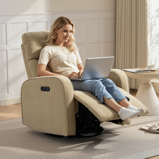 Poltrona elétrica reclinável giratória e de balanço com motor duplo, apoio de cabeça ajustável, portas USB e apoio para os pés. Poltrona elétrica reclinável giratória e de balanço com motor duplo, apoio de cabeça ajustável, portas USB e apoio para os pés.
