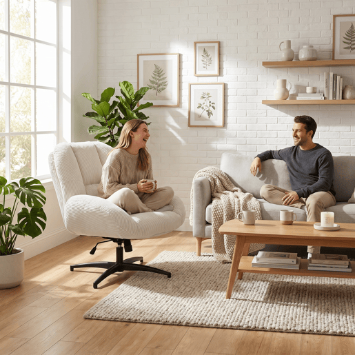 MEUBLES COSY Poltrona de Relax Giratória de Escritório Cadeira de Sala Ergonómica Ajustável em Altura Reclinável com Almofada Espessa de Veludo Bege