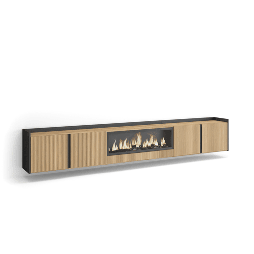 Móvel de TV, Muito espaço de arrumação, 315x35x50cm, Para televisores até 80, Lareira eléctrica XXL, Suspensos, Estilo moderno, Carvalho e preto