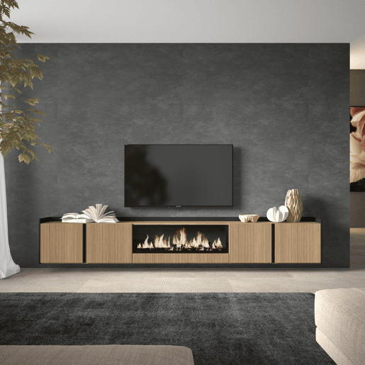 Móvel de TV, Muito espaço de arrumação, 315x35x50cm, Para televisores até 80, Lareira eléctrica XXL, Suspensos, Estilo moderno, Carvalho e preto