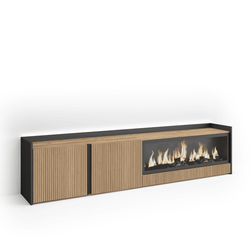 Móvel de TV, Muito espaço de arrumação, 212x35x50cm, Para televisores até 80, Lareira eléctrica XXL, Led, Estilo moderno, Carvalho e preto