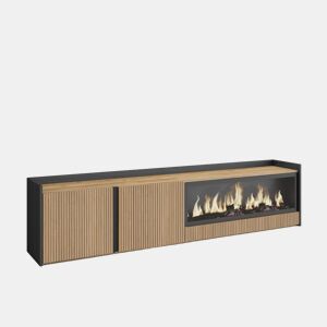 Móvel de TV, Muito espaço de arrumação, 212x35x50cm, Para televisores até 80, Lareira eléctrica XXL, Led, Estilo moderno, Carvalho e preto