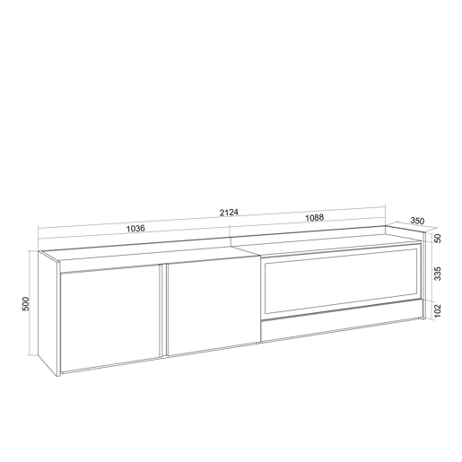 Móvel de TV, Muito espaço de arrumação, 212x35x50cm, Para televisores até 80, Lareira eléctrica XXL, Led, Estilo moderno, Carvalho e preto