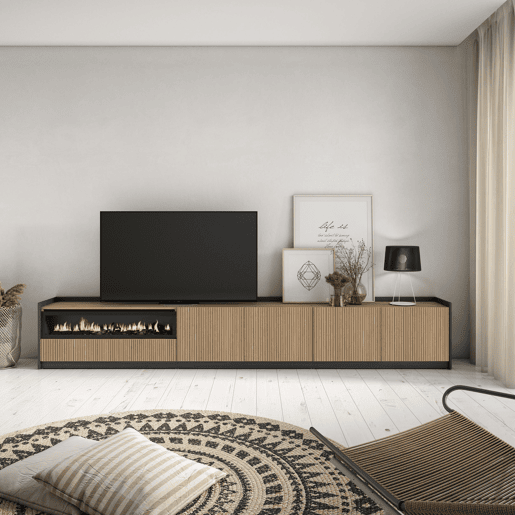 Móvel de TV, Muito espaço de arrumação, 310x37x50cm, Para televisores até 80, Lareira eléctrica, Estilo moderno, Carvalho e preto Móvel de TV, Muito espaço de arrumação, 310x37x50cm, Para televisores até 80, Lareira eléctrica, Estilo moderno, Carvalho e preto