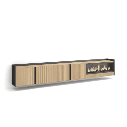 Móvel de TV, Muito espaço de arrumação, 315x35x50cm, Para televisores até 80, Lareira eléctrica XXL, Suspensos, Estilo moderno, Carvalho e preto