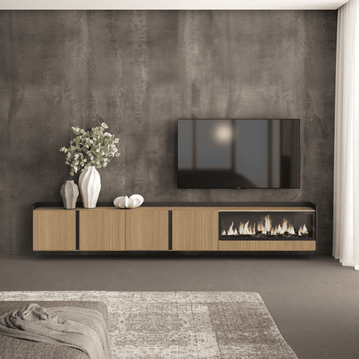 Móvel de TV, Muito espaço de arrumação, 315x35x50cm, Para televisores até 80, Lareira eléctrica XXL, Suspensos, Estilo moderno, Carvalho e preto