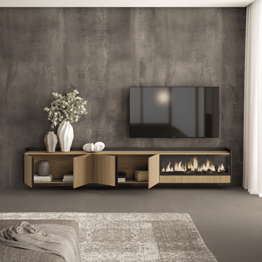 Móvel de TV, Muito espaço de arrumação, 315x35x50cm, Para televisores até 80, Lareira eléctrica XXL, Suspensos, Estilo moderno, Carvalho e preto