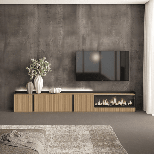 Móvel de TV, Muito espaço de arrumação, 315x35x50cm, Para televisores até 80, Lareira eléctrica XXL, Led, Estilo moderno, Carvalho e preto