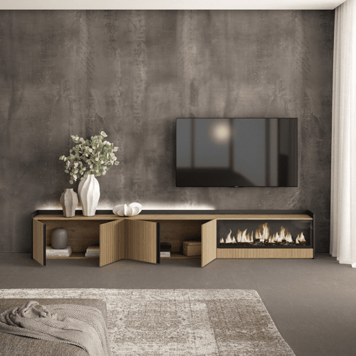 Móvel de TV, Muito espaço de arrumação, 315x35x50cm, Para televisores até 80, Lareira eléctrica XXL, Led, Estilo moderno, Carvalho e preto