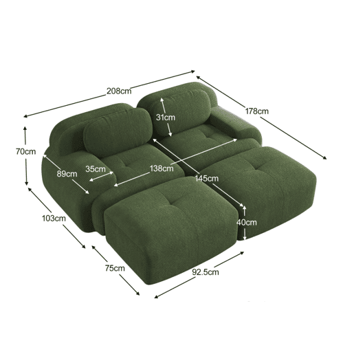MEUBLES COSY Sofá modular em veludo cotelê com dupla chaise longue sofá sem estrutura com espuma de alta densidade estilo moderno 208x178x75cm Verde