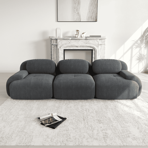 MEUBLES COSY Sofá modular de 3 lugares em veludo cotelê loveseat sem estrutura com braços curvos e espuma de alta densidade para sala estilo moderno 298x103x75cm Cinza MEUBLES COSY Sofá modular de 3 lugares em veludo cotelê loveseat sem estrutura com braços curvos e espuma de alta densidade para sala estilo moderno 298x103x75cm Cinza