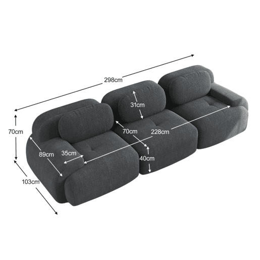 MEUBLES COSY Sofá modular de 3 lugares em veludo cotelê loveseat sem estrutura com braços curvos e espuma de alta densidade para sala estilo moderno 298x103x75cm Cinza MEUBLES COSY Sofá modular de 3 lugares em veludo cotelê loveseat sem estrutura com braços curvos e espuma de alta densidade para sala estilo moderno 298x103x75cm Cinza