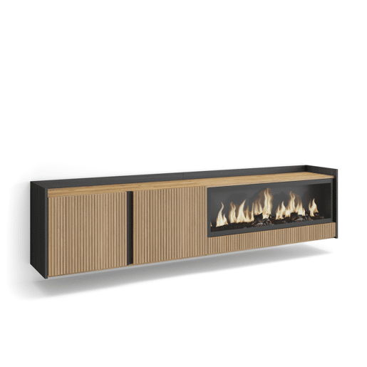 Móvel de TV, Muito espaço de arrumação, 212x35x50cm, Para televisores até 80, Lareira eléctrica XXL, Suspensos, Estilo moderno, Carvalho e preto