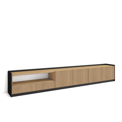 Móvel de TV, Muito espaço de arrumação, 310x37x50cm, Para televisores até 80, Estante para TV, Estilo moderno, Carvalho e preto