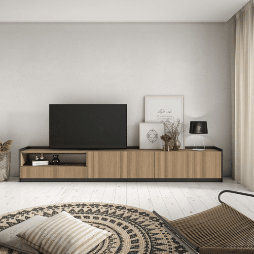 Móvel de TV, Muito espaço de arrumação, 310x37x50cm, Para televisores até 80, Estante para TV, Estilo moderno, Carvalho e preto