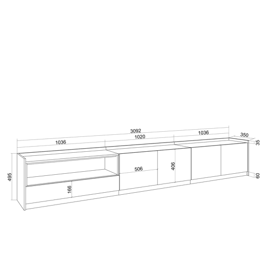 Móvel de TV, Muito espaço de arrumação, 310x37x50cm, Para televisores até 80, Estante para TV, Estilo moderno, Carvalho e preto