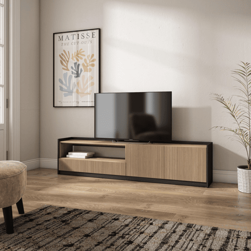 Móvel de TV, Muito espaço de arrumação, 207x37x50cm, Para televisores até 80, Estante para TV, Estilo moderno, Carvalho e preto Móvel de TV, Muito espaço de arrumação, 207x37x50cm, Para televisores até 80, Estante para TV, Estilo moderno, Carvalho e preto