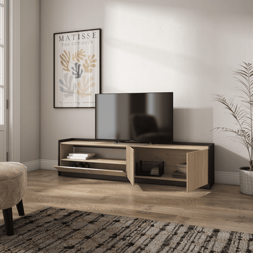 Móvel de TV, Muito espaço de arrumação, 207x37x50cm, Para televisores até 80, Estante para TV, Estilo moderno, Carvalho e preto Móvel de TV, Muito espaço de arrumação, 207x37x50cm, Para televisores até 80, Estante para TV, Estilo moderno, Carvalho e preto
