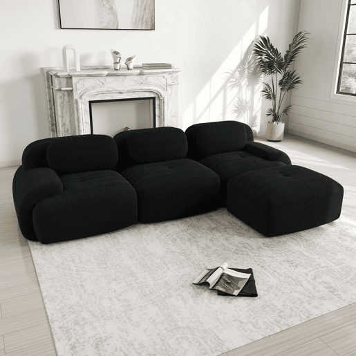 MEUBLES COSY Sofá modular de 3 lugares em veludo cotelê loveseat sem estrutura com braços curvos e espuma de alta densidade com chaise longue para sala estilo moderno 298x178x75cm Preto