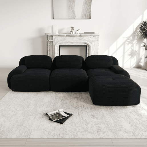 MEUBLES COSY Sofá modular de 3 lugares em veludo cotelê loveseat sem estrutura com braços curvos e espuma de alta densidade com chaise longue para sala estilo moderno 298x178x75cm Preto