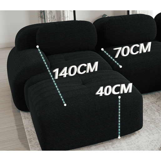 MEUBLES COSY Sofá modular de 3 lugares em veludo cotelê loveseat sem estrutura com braços curvos e espuma de alta densidade com chaise longue para sala estilo moderno 298x178x75cm Preto