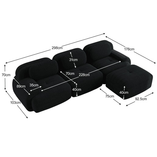 MEUBLES COSY Sofá modular de 3 lugares em veludo cotelê loveseat sem estrutura com braços curvos e espuma de alta densidade com chaise longue para sala estilo moderno 298x178x75cm Preto