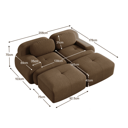 MEUBLES COSY Sofá modular em veludo cotelê com dupla chaise longue sofá sem estrutura com espuma de alta densidade estilo moderno 208x178x75cm Marrom