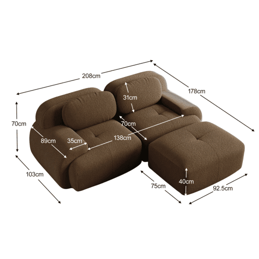 MEUBLES COSY Sofá modular de canto em veludo cotelê com chaise longue sofá sem estrutura com braços curvos e espuma de alta densidade para sala estilo moderno 208x178x75cm Marrom MEUBLES COSY Sofá modular de canto em veludo cotelê com chaise longue sofá sem estrutura com braços curvos e espuma de alta densidade para sala estilo moderno 208x178x75cm Marrom
