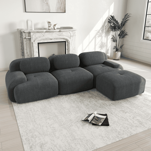 MEUBLES COSY Sofá modular de 3 lugares em veludo cotelê loveseat sem estrutura com braços curvos e espuma de alta densidade com chaise longue para sala estilo moderno 298x178x75cm Cinza MEUBLES COSY Sofá modular de 3 lugares em veludo cotelê loveseat sem estrutura com braços curvos e espuma de alta densidade com chaise longue para sala estilo moderno 298x178x75cm Cinza
