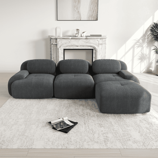 MEUBLES COSY Sofá modular de 3 lugares em veludo cotelê loveseat sem estrutura com braços curvos e espuma de alta densidade com chaise longue para sala estilo moderno 298x178x75cm Cinza MEUBLES COSY Sofá modular de 3 lugares em veludo cotelê loveseat sem estrutura com braços curvos e espuma de alta densidade com chaise longue para sala estilo moderno 298x178x75cm Cinza