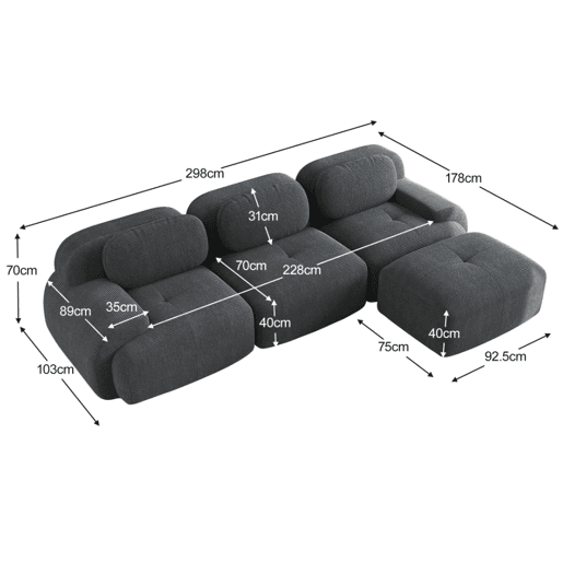 MEUBLES COSY Sofá modular de 3 lugares em veludo cotelê loveseat sem estrutura com braços curvos e espuma de alta densidade com chaise longue para sala estilo moderno 298x178x75cm Cinza MEUBLES COSY Sofá modular de 3 lugares em veludo cotelê loveseat sem estrutura com braços curvos e espuma de alta densidade com chaise longue para sala estilo moderno 298x178x75cm Cinza