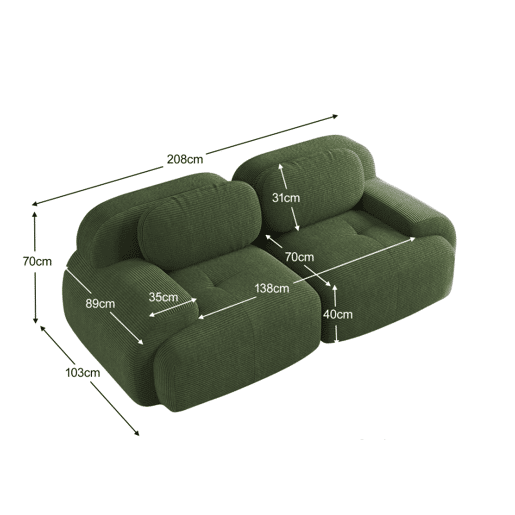 MEUBLES COSY Sofá modular de 2 lugares em veludo cotelê loveseat sem estrutura com braços curvos estofamento de alta densidade para sala estilo moderno 208x103x75cm Verde