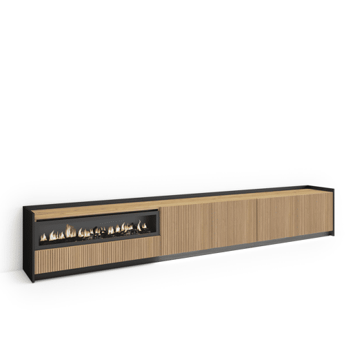 Móvel de TV, Muito espaço de arrumação, 310x37x50cm, Para televisores até 80, Lareira eléctrica, Led, Estilo moderno, Carvalho e preto