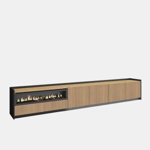 Móvel de TV, Muito espaço de arrumação, 310x37x50cm, Para televisores até 80, Lareira eléctrica, Led, Estilo moderno, Carvalho e preto