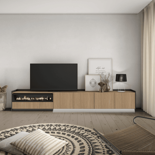 Móvel de TV, Muito espaço de arrumação, 310x37x50cm, Para televisores até 80, Lareira eléctrica, Led, Estilo moderno, Carvalho e preto