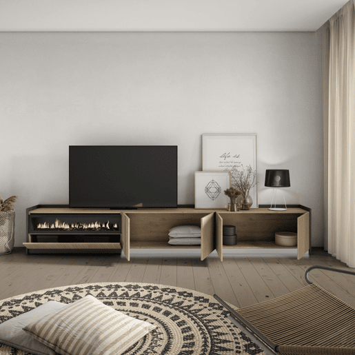Móvel de TV, Muito espaço de arrumação, 310x37x50cm, Para televisores até 80, Lareira eléctrica, Led, Estilo moderno, Carvalho e preto