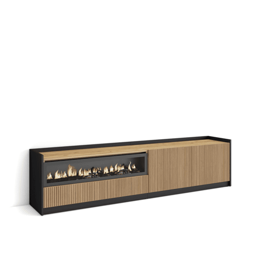 Móvel de TV, Muito espaço de arrumação, 207x37x50cm, Para televisores até 80, Lareira eléctrica, Estilo moderno, Carvalho e preto Móvel de TV, Muito espaço de arrumação, 207x37x50cm, Para televisores até 80, Lareira eléctrica, Estilo moderno, Carvalho e preto