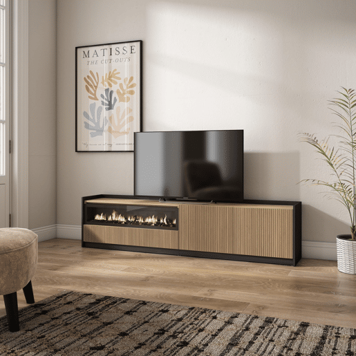 Móvel de TV, Muito espaço de arrumação, 207x37x50cm, Para televisores até 80, Lareira eléctrica, Estilo moderno, Carvalho e preto Móvel de TV, Muito espaço de arrumação, 207x37x50cm, Para televisores até 80, Lareira eléctrica, Estilo moderno, Carvalho e preto