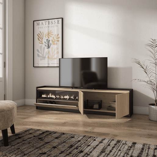 Móvel de TV, Muito espaço de arrumação, 207x37x50cm, Para televisores até 80, Lareira eléctrica, Estilo moderno, Carvalho e preto Móvel de TV, Muito espaço de arrumação, 207x37x50cm, Para televisores até 80, Lareira eléctrica, Estilo moderno, Carvalho e preto