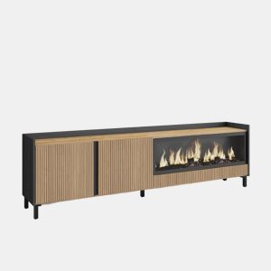Móvel de TV, Muito espaço de arrumação, 212x35x61cm, Para televisores até 80, Lareira eléctrica XXL, Design industrial, Led, Estilo moderno, Carvalho e preto