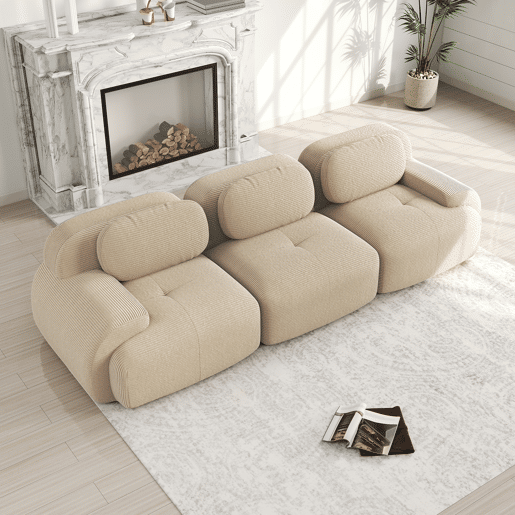 MEUBLES COSY Sofá modular de 3 lugares em veludo cotelê loveseat sem estrutura com braços curvos e espuma de alta densidade para sala estilo moderno 298x103x75cm Bege