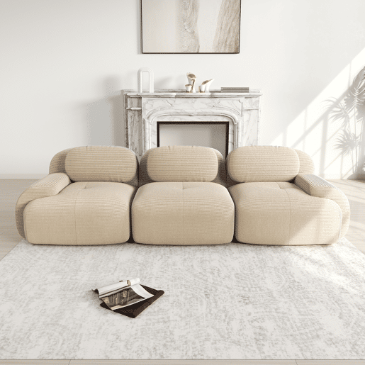 MEUBLES COSY Sofá modular de 3 lugares em veludo cotelê loveseat sem estrutura com braços curvos e espuma de alta densidade para sala estilo moderno 298x103x75cm Bege