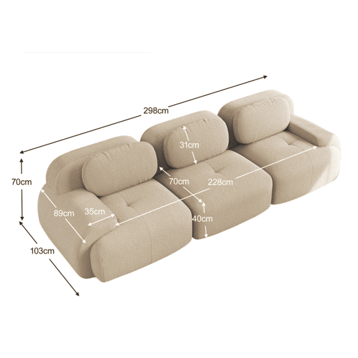 MEUBLES COSY Sofá modular de 3 lugares em veludo cotelê loveseat sem estrutura com braços curvos e espuma de alta densidade para sala estilo moderno 298x103x75cm Bege