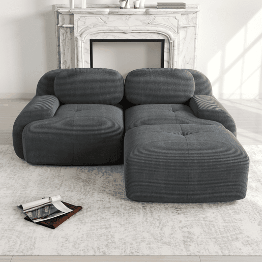 MEUBLES COSY Sofá modular de canto em veludo cotelê com chaise longue sofá sem estrutura com braços curvos e espuma de alta densidade para sala estilo moderno 208x178x75cm Cinza