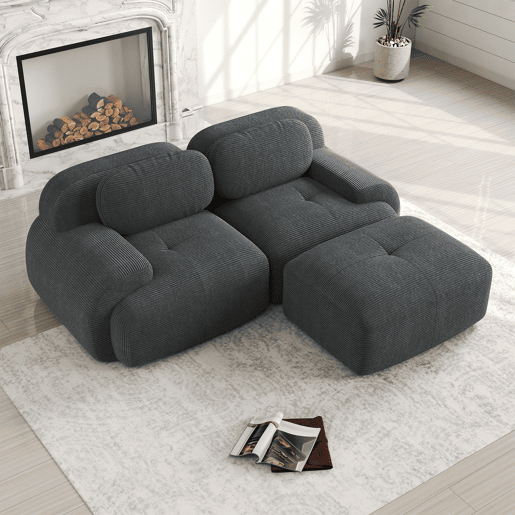 MEUBLES COSY Sofá modular de canto em veludo cotelê com chaise longue sofá sem estrutura com braços curvos e espuma de alta densidade para sala estilo moderno 208x178x75cm Cinza