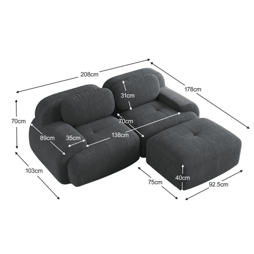 MEUBLES COSY Sofá modular de canto em veludo cotelê com chaise longue sofá sem estrutura com braços curvos e espuma de alta densidade para sala estilo moderno 208x178x75cm Cinza