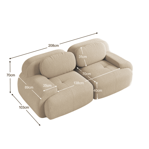 MEUBLES COSY Sofá modular de 2 lugares em veludo cotelê loveseat sem estrutura com braços curvos estofamento de alta densidade para sala estilo moderno 208x103x75cm Bege MEUBLES COSY Sofá modular de 2 lugares em veludo cotelê loveseat sem estrutura com braços curvos estofamento de alta densidade para sala estilo moderno 208x103x75cm Bege