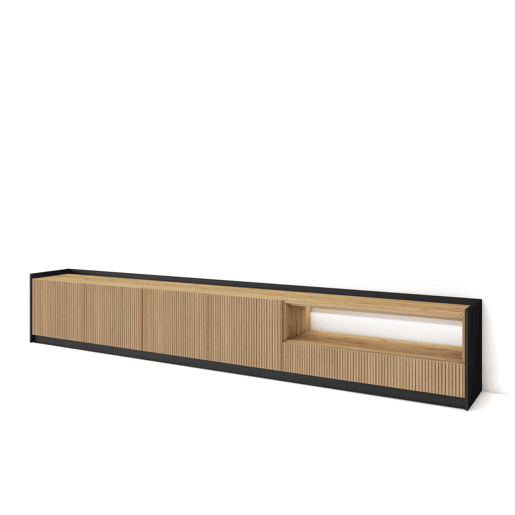Móvel de TV, Muito espaço de arrumação, 310x37x50cm, Para televisores até 80, Led, Estilo moderno, Carvalho e preto Móvel de TV, Muito espaço de arrumação, 310x37x50cm, Para televisores até 80, Led, Estilo moderno, Carvalho e preto